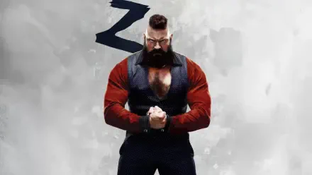 Street Fighter (2026) 5K Ultra HD PC wallpaper: muscular bearded fighter in a vest and rolled sleeves, hands clenched, stern expression against a textured gray background.
