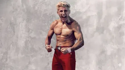 Shirtless muscular blonde fighter roaring with clenched fists against a textured wall — Street Fighter (2026) 2K Quad HD PC desktop wallpaper/background.