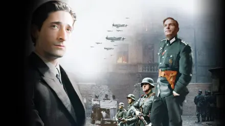 The Pianist — 4K Ultra HD PC desktop wallpaper and background: somber wartime collage of a reflective pianist in a suit, uniformed soldiers, armored vehicles and low-flying planes.