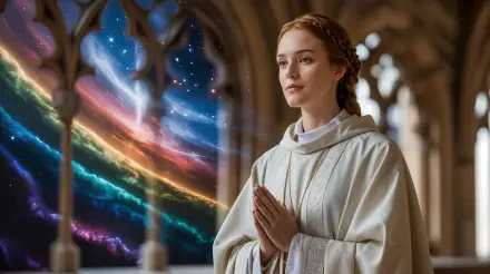 Cleric in white robes praying inside a stone cathedral, colorful cosmic aurora streaming through an arched window — 4K Ultra HD PC desktop wallpaper and background.