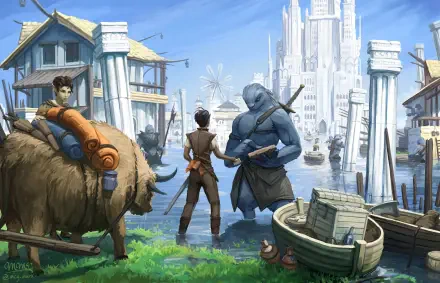 HD PC desktop wallpaper: medieval fantasy city waterfront with white spires; three fantasy RPG characters — a traveler, a blue-armored warrior and a pack beast — readying boats.