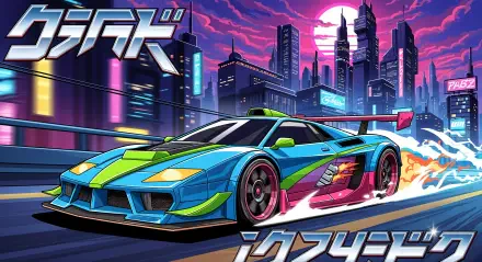 Vibrant anime car racing through a neon cyberpunk city at night, stylized 4K Ultra HD PC desktop wallpaper and background with glowing skyline and motion blur.