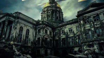 Greenland 2: Migration — 5K Ultra HD PC desktop wallpaper of a crumbling neoclassical domed building under a stormy green sky, scattered rubble and migrating birds.