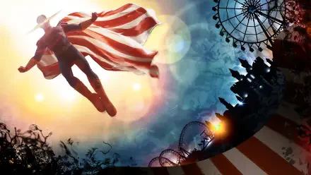 4K Ultra HD PC desktop wallpaper: The Boys (2019) scene of a caped superhero draped in an American flag soaring over a sunlit carnival with Ferris wheel and roller coaster.