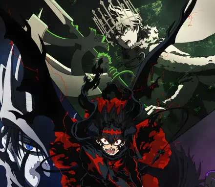 4K Ultra HD PC desktop wallpaper of Black Clover anime featuring Asta in demonic form center, Nacht looming above and Yuno at left amid dark, swirling magic and red-black energy.