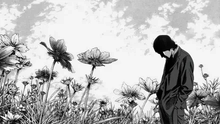 Monochrome manga homunculus HD PC desktop wallpaper/background: a lone figure with bowed head stands amid tall flowers beneath a wide, cloudy sky.