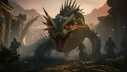 4K Ultra HD PC desktop wallpaper: a colossal spiked basilisk roars amid ruined stone, glowing eyes and open maw, silhouetted warriors in foreground under dramatic sunset lighting.