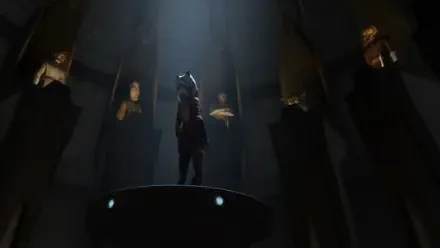 Shadowy Jedi figure stands on a pedestal in a dim council hall, Star Wars: The Clone Wars (2008) — 4K Ultra HD PC desktop wallpaper and background.