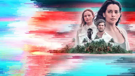 HD PC desktop wallpaper for The I-Land: four characters stand behind a tiny palm-covered island as red and teal digital glitches streak across the sky.