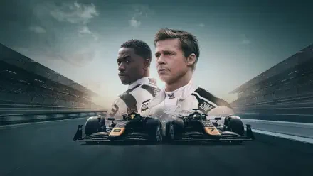 F1 (2025) 4K Ultra HD PC desktop wallpaper: cinematic poster of two race drivers back-to-back above twin Formula 1 cars speeding down a stormy racetrack.