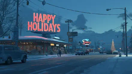 2K Quad HD PC desktop wallpaper/background: winter cityscape at dusk with Happy Holidays neon sign, snowy street, holiday lights and a lit Christmas tree.