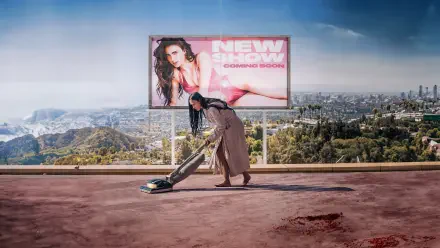 The Substance — 4K Ultra HD PC desktop wallpaper and background: a person vacuuming a rooftop beside a glamorous billboard, with a sprawling city skyline and distant mountains.
