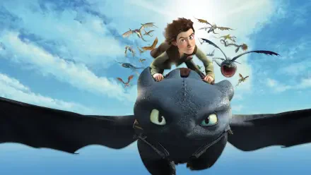 Dragons: Riders of Berk 4K Ultra HD PC desktop wallpaper and background: a rider crouches on Toothless as they soar through a bright sky with a flock of dragons trailing behind.