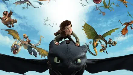 HD PC desktop wallpaper from Dragons: Riders of Berk — Hiccup riding Toothless at the forefront with other dragon riders soaring across a bright blue sky.