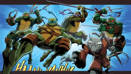 Teenage Mutant Ninja Turtles (2003) 4K Ultra HD PC desktop wallpaper: the four turtles and Master Splinter leap toward the viewer against a bright blue sky in bold comic-style action.