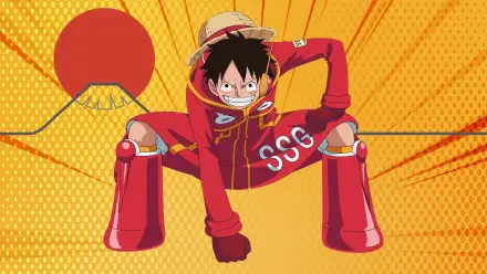 One Piece 4K Ultra HD PC desktop wallpaper — Monkey D. Luffy in his straw hat and red SSG outfit crouches before a stylized sun and Mount Fuji–inspired yellow halftone backdrop.