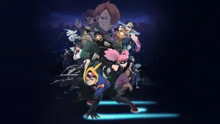 My Hero Academia: Vigilantes 4K Ultra HD PC desktop wallpaper showing a dynamic group of vigilante heroes in action poses over a neon-lit city night background.