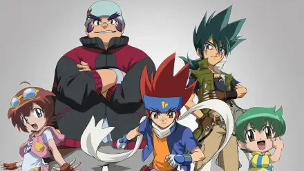 HD PC desktop wallpaper of Beyblade: Metal Fusion — five main characters standing in a row, red‑haired protagonist front center with friends flanking him on a light gray background.