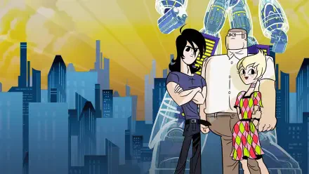 Sym-Bionic Titan trio — Lance, Ilana and Octus — stand in front of a stylized blue city skyline with their giant Titan looming behind; 4K Ultra HD PC desktop wallpaper/background.