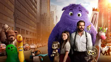 IF (2024) 4K Ultra HD PC desktop wallpaper: a bearded man and young girl stand with a giant purple monster and playful toylike creatures on a sunlit city street.