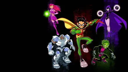 Teen Titans 4K Ultra HD PC desktop wallpaper: Robin, Starfire, Raven, Cyborg and Beast Boy posed dynamically against a dark backdrop with vibrant energy accents.