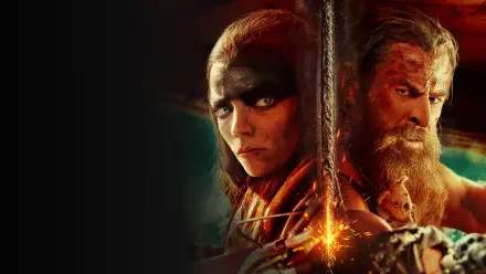 Furiosa: A Mad Max Saga 4K Ultra HD PC desktop wallpaper — war‑painted Furiosa and a bearded warrior back-to-back with a glowing sword between them.