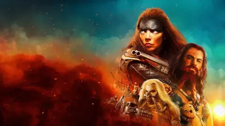 Furiosa: A Mad Max Saga 4K Ultra HD PC desktop wallpaper — Furiosa with black warpaint and scarred face, armored allies amid blazing red desert plumes and a turquoise sky.