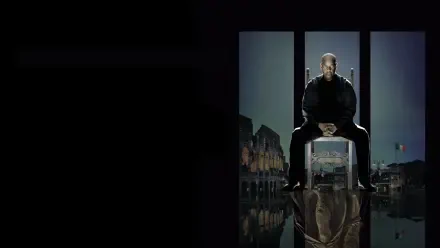 4K Ultra HD PC desktop wallpaper/background: stoic man seated on a chair before three vertical panels, cityscape reflected in water, dark moody composition — The Equalizer 3.