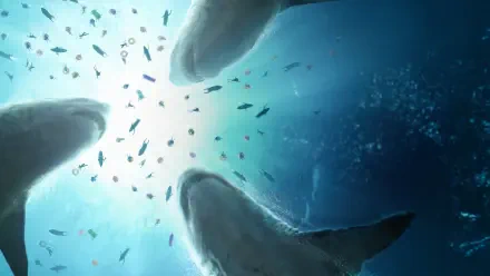 Meg 2: The Trench 4K Ultra HD PC desktop wallpaper — underwater view from below as three giant megalodons circle toward sunlit water, surrounded by schools of fish.