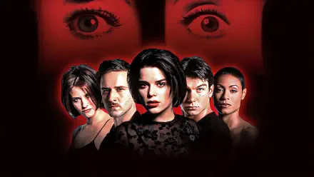 Scream 2 4K Ultra HD PC desktop wallpaper: five tense faces clustered in front of a red backdrop with large fearful eyes looming above, moody shadowed horror composition.