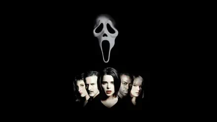 Scream 3 4K Ultra HD PC desktop wallpaper: Ghostface mask looms above five shadowed faces against a stark black background.