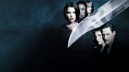 Scream 3 4K Ultra HD PC desktop wallpaper: gleaming knife blade foreground, shadowed faces clustered against a brooding dark background.