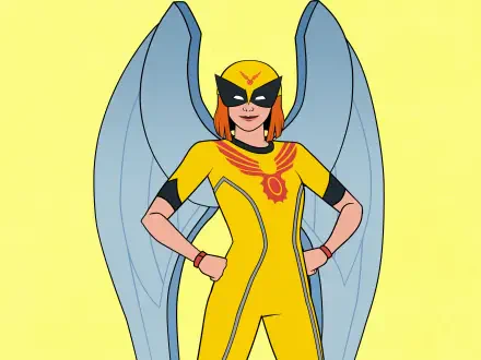 Birdgirl (TV show) in a bright yellow suit with blue wings, hands on hips and a confident smile — 4K Ultra HD PC desktop wallpaper and background.
