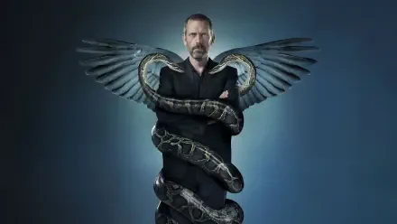 4K Ultra HD PC desktop wallpaper of Dr. House — brooding doctor with folded arms, wings and a giant snake coiled around him on a moody blue background.
