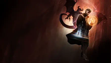 Constantine: City of Demons 4K Ultra HD PC wallpaper — trench‑coated Constantine clutching a glowing sigil as a horned demon shadow looms behind him against a dark, smoky backdrop.