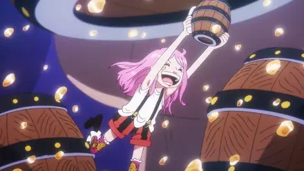 HD PC desktop wallpaper: Anime One Piece’s Jewelry Bonney with pink hair, joyfully hoisting a barrel amid floating barrels and scattered gold coins, vibrant colors and dynamic energy.