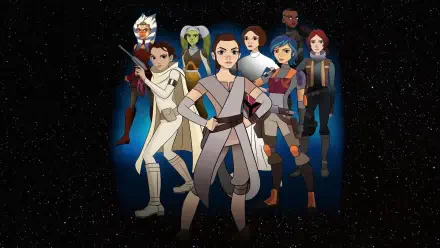 Star Wars: Forces of Destiny HD PC desktop wallpaper — animated heroes stand united in a V-formation against a starfield backdrop.