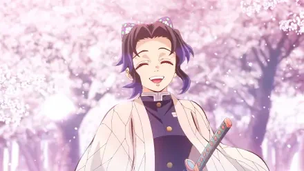 HD PC desktop wallpaper of Shinobu Kochou from Demon Slayer: Kimetsu no Yaiba, smiling beneath pink cherry blossoms while holding her sword.