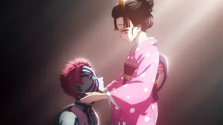 HD PC desktop wallpaper — Anime (Demon Slayer: Kimetsu no Yaiba). Akaza kneels as a woman in a pink kimono gently cups his face beneath a dramatic shaft of light.