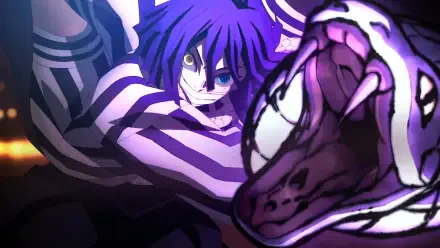 Anime HD PC desktop wallpaper of Obanai Iguro from Demon Slayer: Kimetsu no Yaiba — fierce pose, striped haori and coiled white snake under purple lighting.