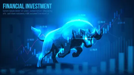 Glowing blue bullish bull charging across cryptocurrency and stock market charts, financial investment stock chart 2K Quad HD PC desktop wallpaper background.