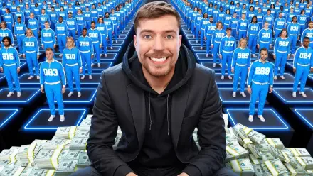 HD PC wallpaper: smiling man on stacks of cash amid rows of blue-jumpsuited contestants standing on lit platforms — Beast Games TV show background.