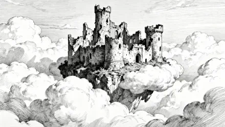 Monochrome ink sketch of a fortress floating on clouds, detailed stone towers and turrets — 4K Ultra HD PC Desktop Wallpaper and Background.