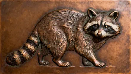 4K Ultra HD PC desktop wallpaper: detailed raccoon illustration on a warm, textured brown background.