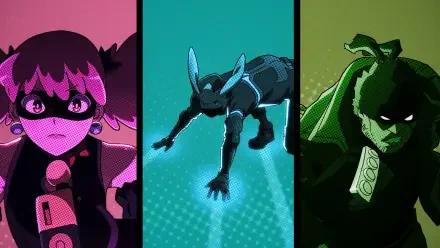 Anime HD PC desktop wallpaper/background: triptych art from My Hero Academia: Vigilantes — magenta-masked heroine, teal-clad leaping hero, and brooding green-cloaked vigilante.