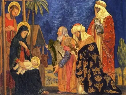 HD religious historical painting of the Biblical Magi presenting gifts to baby Jesus before Mary and Joseph — ornate, richly colored scene, designed as an HD PC desktop wallpaper background.