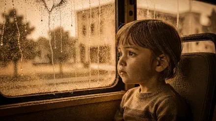 4K Ultra HD PC desktop wallpaper: a young child on a school bus gazes through a rain-speckled window at blurred buildings outside, rendered in warm sepia tones.