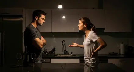 4K Ultra HD PC desktop wallpaper: tense nighttime kitchen argument — woman gesturing toward a man with arms crossed under dim pendant lights.