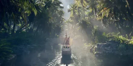 2K Quad HD PC desktop wallpaper of TV show One Piece (Live Action): a ship sails through a misty jungle river beneath a sunlit palm canopy.