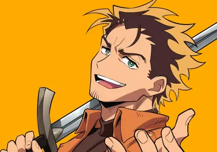 2K Quad HD PC anime desktop wallpaper of Yashiro from Scum of the Brave — grinning, blond‑tipped hair, green eyes, casually holding a sword over his shoulder.